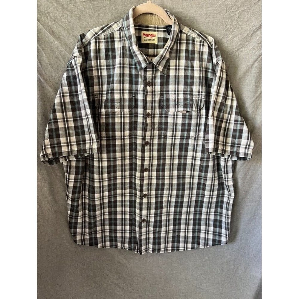 Wrangler Button Up Shirt Adult 2XL Gray Plaid Short Sleeve Casual Mens.
